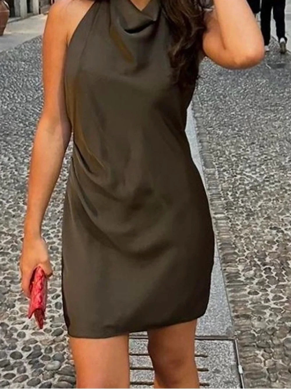 Aritzia Olive Halter Satin Mini Dress